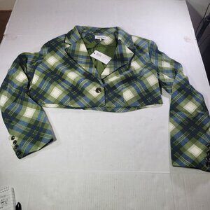 WeWoreWhat Women Green Plaid Cropped Blazer Jacket Size Small